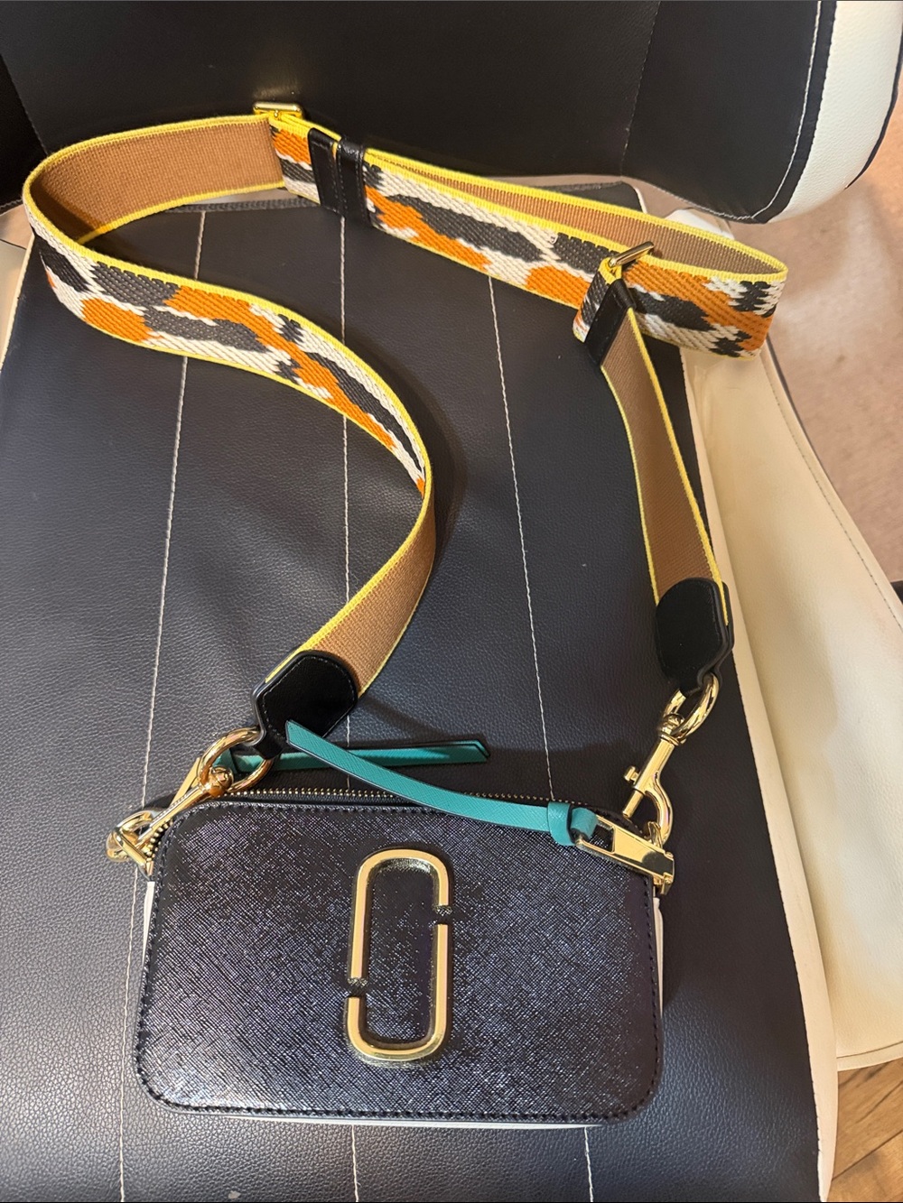 Marc Jacobs Black Crossbody Camera Bag with Yellow & Teal Accents